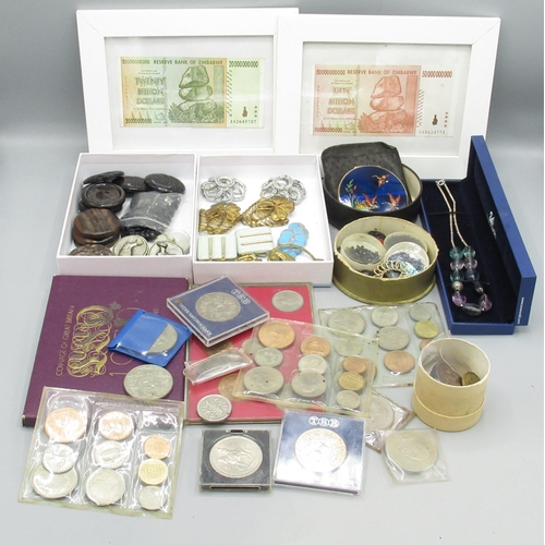 157 - Mixed collection of GB coinage, costume jewellery, buttons, etc. inc. Swarovski necklace, framed 50 ... 