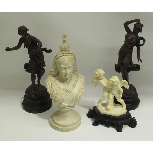 63 - Composite bust of Queen Victoria, 2 spelter figures after Moreau signed 'X Raphnall' named 'Premiere... 