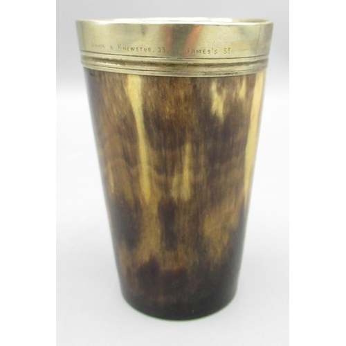 68 - C19th Jenner and Knewstub horn beaker with glass bottom and plated rim, H8.5cm