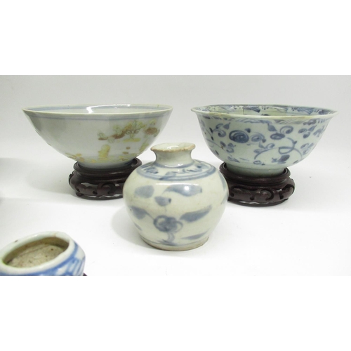 168 - Collection of Chinese pottery inc. Ming period blue and white and celadon bowl, with 6 wood stands (... 