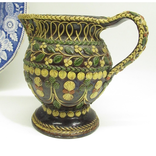 77 - Treacle glaze wear jug, Belgian pottery jug, faience wear 3 handled flower pot with 3 spouts, west G... 
