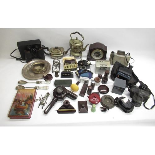 80 - Mixed collection of Bakelite wear, cameras and metalware inc. Smiths Enfield mantle clock, Pentax ME... 