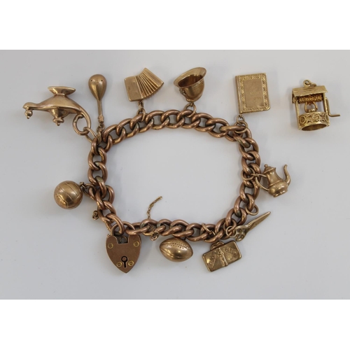 1235 - 9ct gold charm bracelet of eleven individually hallmarked charms on rose gold link bracelet with hea... 