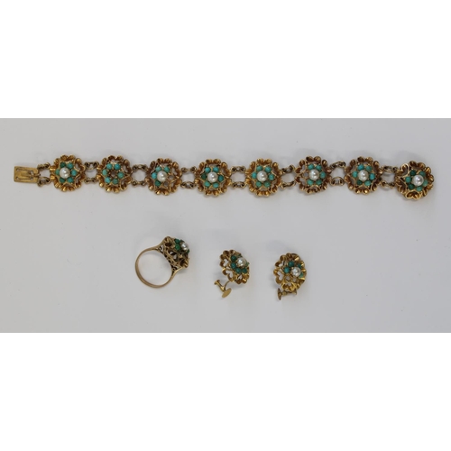 1236 - Hallmarked 9ct gold bracelet with matching earrings and ring, the shaped flower head mounts set with... 