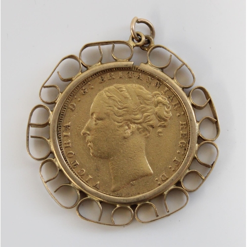 1237 - 1877 QV bun head gold sovereign, loose mounted in 9ct gold pendant, gross 10.6g