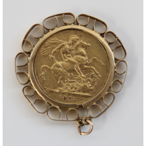 1237 - 1877 QV bun head gold sovereign, loose mounted in 9ct gold pendant, gross 10.6g