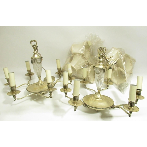 257 - Mid C20th pair Neoclassical design plated and crystal six branch chandeliers, complete with shapes W... 