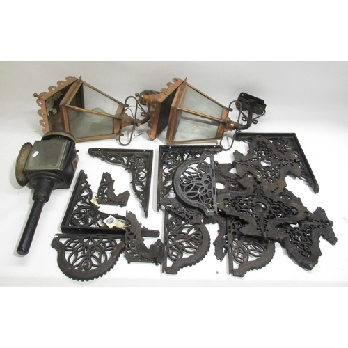 260 - C20th pair of copper exterior lanterns on wrought iron brackets, C19th coach lamp, two pairs of cast... 