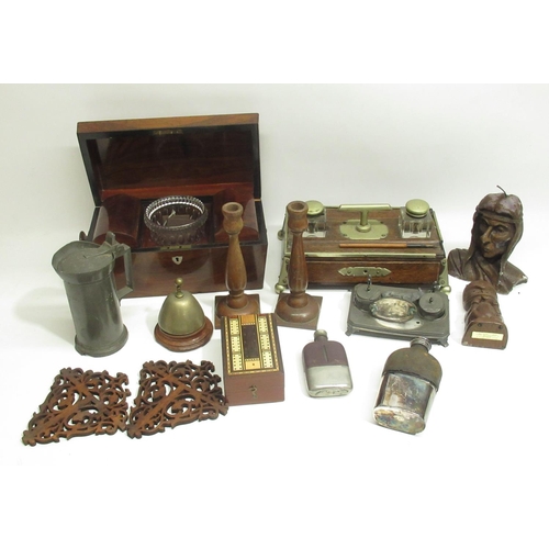 265 - C19th flame mahogany tea caddy with matched mixing bowl W30.5cm, C19th rosewood desk stand with two ... 