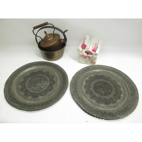 269 - Ellams cased flat bed duplicator, two mid C20th Indo-Persian  pewter chargers D49cm, brass jam pan, ... 