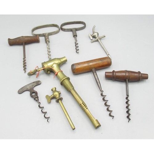 270 - Clive & Norcombes Patent brass barrel tap, two other spirit taps and six C19th and later corkscrews