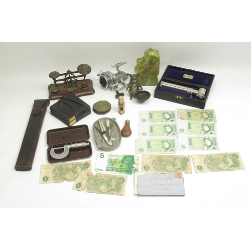 271 - Early C20th brass letter scales, C19th painted spelter cat, cased Chesterfield micrometer, J. Rabone... 