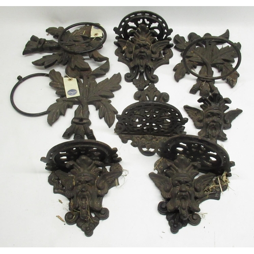 273 - Walker & Hall three piece EPNS teaset, contemporary cast metal garden brackets, similar pot holders,... 