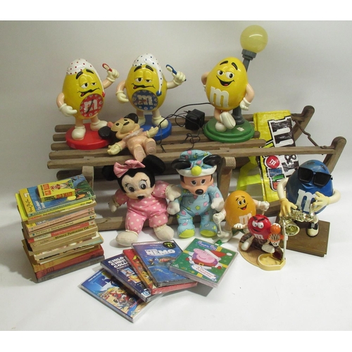 84 - Child's wood sled, 2 x M&M clocks, M&M lamp, other M&M figures, Minnie & Mickey mouse dolls, childre... 