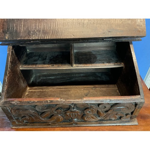 173 - C18th and later carved oak box desk or Bible box, slope front and top marquetry decorated with scrol... 