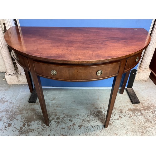 179 - C19th mahogany D shaped console table with one real and two faux drawers, one square tapered support... 