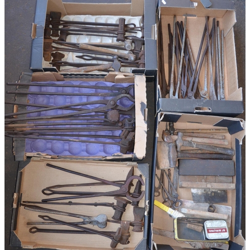 941 - Collection of blacksmiths tools, tongs etc and other hand tools. Qty, 5 boxes