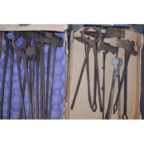 941 - Collection of blacksmiths tools, tongs etc and other hand tools. Qty, 5 boxes