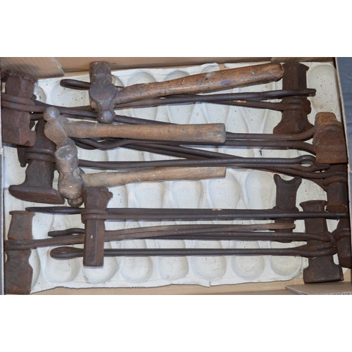 941 - Collection of blacksmiths tools, tongs etc and other hand tools. Qty, 5 boxes