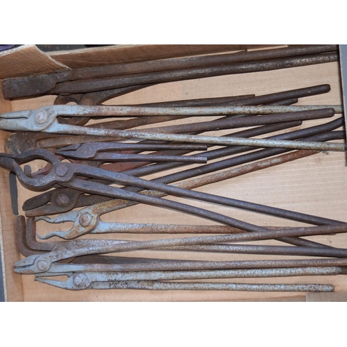 941 - Collection of blacksmiths tools, tongs etc and other hand tools. Qty, 5 boxes