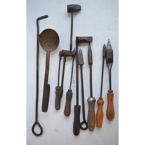 941 - Collection of blacksmiths tools, tongs etc and other hand tools. Qty, 5 boxes