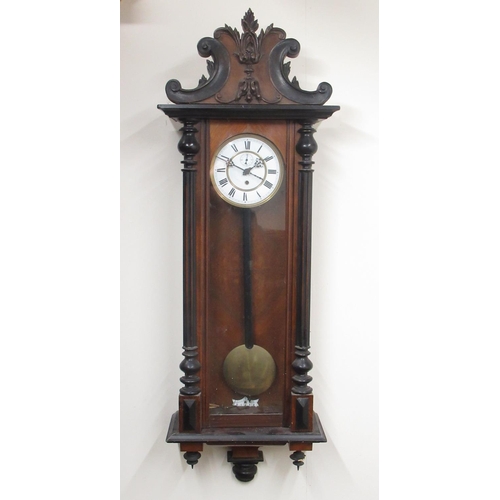 296 - Late C19th Vienna wall timepiece, scroll pediment with applied carved moulding over full length glaz... 