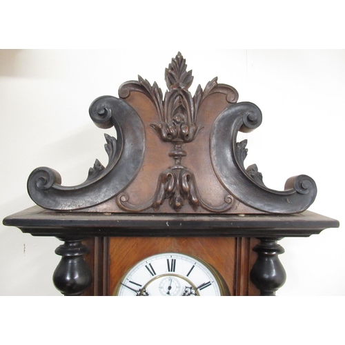 296 - Late C19th Vienna wall timepiece, scroll pediment with applied carved moulding over full length glaz... 