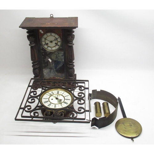 298 - Early C20th double weight Vienna wall clock movement in later wrought iron case and another wall clo... 