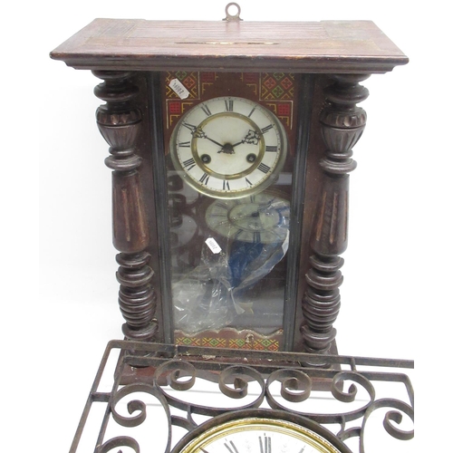 298 - Early C20th double weight Vienna wall clock movement in later wrought iron case and another wall clo... 