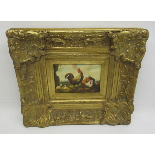 96 - English School (Contemporary); Chickens feeding, oil on board, in gilt frame, 11cm x 16cm