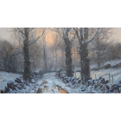 1341 - John Trickett (British b.1952); Gated forest track in a wooded Winter landscape, oil on canvas, sign... 