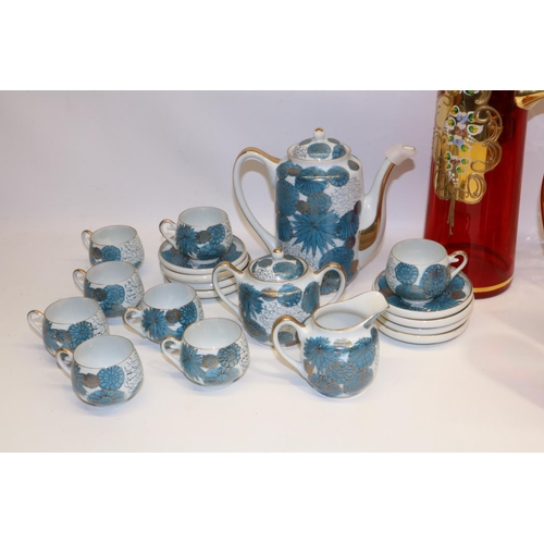 391 - Japanese tea/coffee set decorated with chrysanthemums, bohemian glass lemonade set, Salisbury tea wa... 