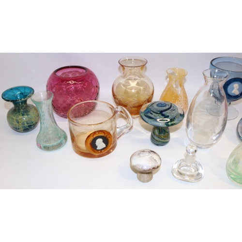 393 - Collection of late C20th art glass, incl. a small Val St Lambert vase, Orrefors scent bottle, two We... 