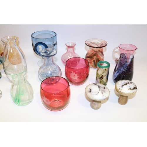 393 - Collection of late C20th art glass, incl. a small Val St Lambert vase, Orrefors scent bottle, two We... 