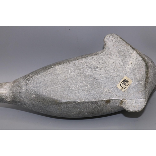 394 - C20th Inuit carved soapstone sculpture of a seal, incised signature 'SUG' and numerals 140813, 'Cana... 