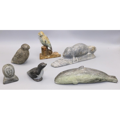 397 - Collection of C20th Inuit soapstone carvings, incl. a whale, seal, birds, etc. (6)