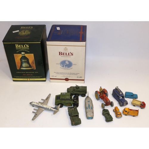 400 - Collection of die-cast vehicles incl. Dinky, Matchbox, and Lesney; and two Bell's bell shaped whisky... 