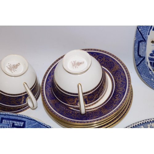 401 - Two boxes of blue and white ceramics, predominantly willow pattern; six Royal Doulton Imperial Blue ... 