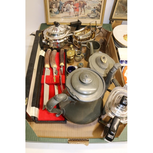 403 - Group of misc. collectables, incl. EPNS teaware, pewter coffee pot, ceramics, prints, Wade Whimsies,... 