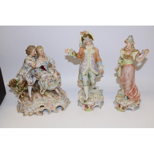 410 - Pair of German porcelain figures and another similar figural group, max. H24cm, A/F, and a quantity ... 