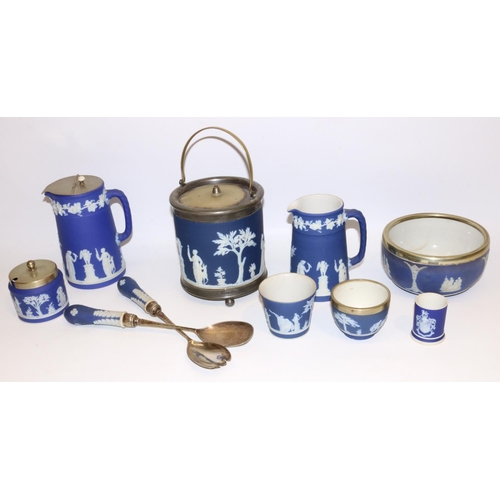 412 - Collection of Wedgwood dipped blue jasperware, incl. salad servers, two jugs, preserve pot, biscuit ... 