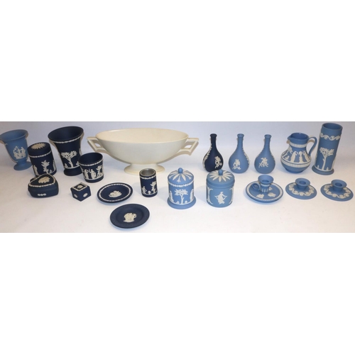 414 - Collection of Wedgwood blue and dark blue jasperware, incl. vases, candlesticks, jars and covers, et... 