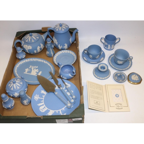 415 - Collection of Wedgwood blue jasperware, incl. teapot, coffee pot, cruets, Bicentenary cameo card, ut... 