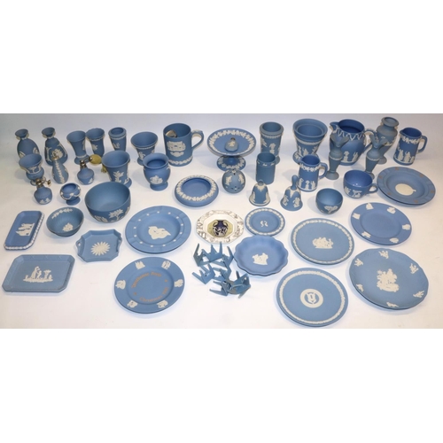 416 - Collection of Wedgwood blue jasperware, incl. scent bottle with hallmarked silver top, vases, plates... 