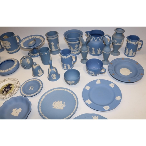 416 - Collection of Wedgwood blue jasperware, incl. scent bottle with hallmarked silver top, vases, plates... 