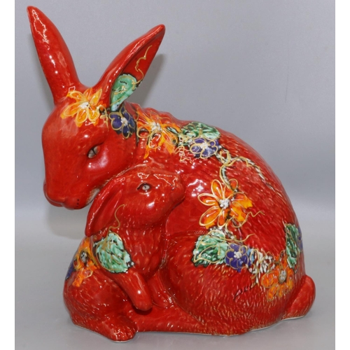 418 - Anita Harris Art Pottery - rabbit and bunny figure, red glaze with floral decoration, H25cm, signed ... 