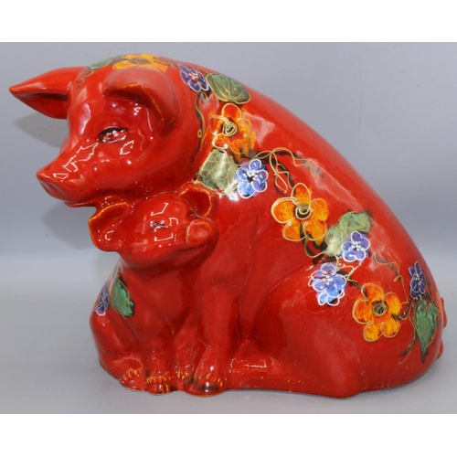 419 - Anita Harris Art Pottery - pig and piglet figure, red glaze with floral decoration, H23cm, signed an... 