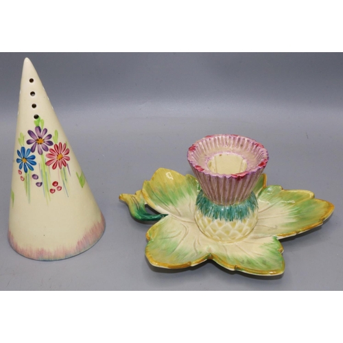 421 - Clarice Cliff for Wilkinson, Bizarre conical sugar sifter, painted with flowers, H14.5cm, and a Clar... 