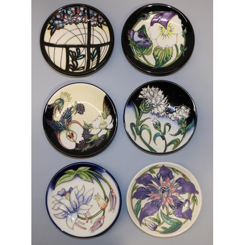 645 - Moorcroft Pottery: six pin dishes designed and signed by Nicola Slaney - 'Koko' pattern, design for ... 