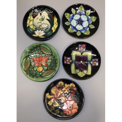 646 - Moorcroft Pottery: five pin dishes, all signed J. Moorcroft - 'Lamia' pattern, dated '96; 'Oberon' p... 